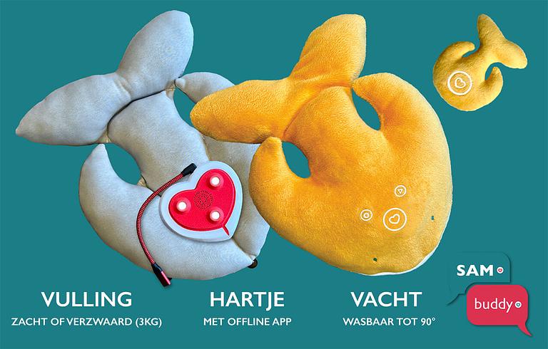 Stevige, herbruikte fleece-stof met zachte vulling die tot 3kg verzwaard kan worden. Elke Vertelknuffel heeft ook een eigen hartje waarop de app draait en jij je hart kunt luchten. Onderdelen van de Vertelknuffel met mini