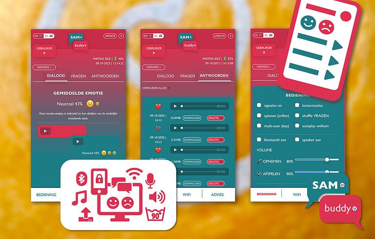 Beluister de ingesproken verhalen, spreek vragen in en bedien de Vertelknuffel via de offline app App voor luisteren en bedienen van Vertelknuffel SAMbuddy